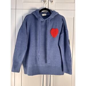 On You Knit Hoodie Sweater Blue Heart “Love Me” Patch Cozy Casual Pullover